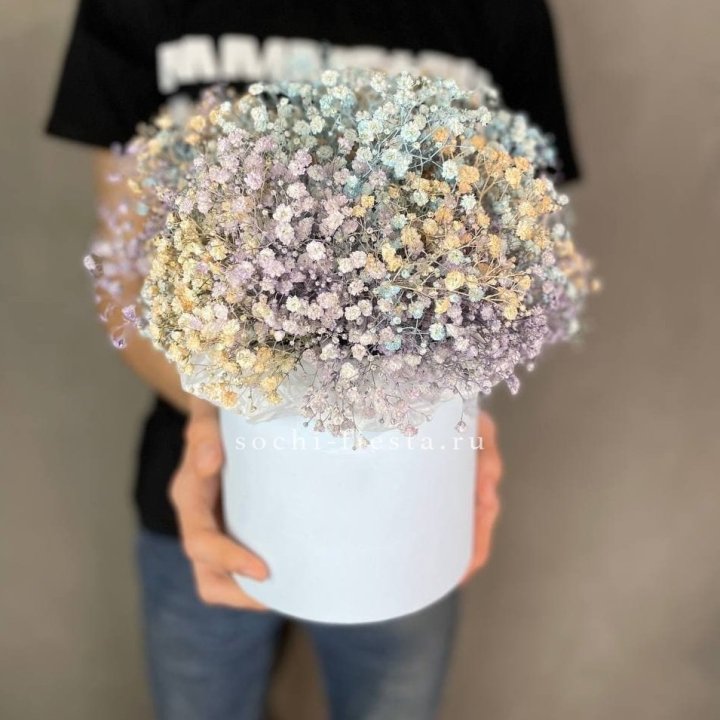 9 Радужных гипсофил в шляпной коробке в Владивостоке