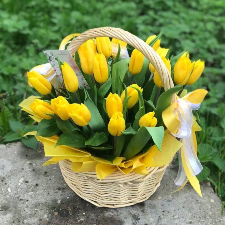 25 желтых тюльпанов в корзине в Владивостоке