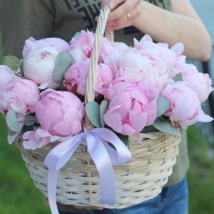 15 пионов в корзине в Владивостоке